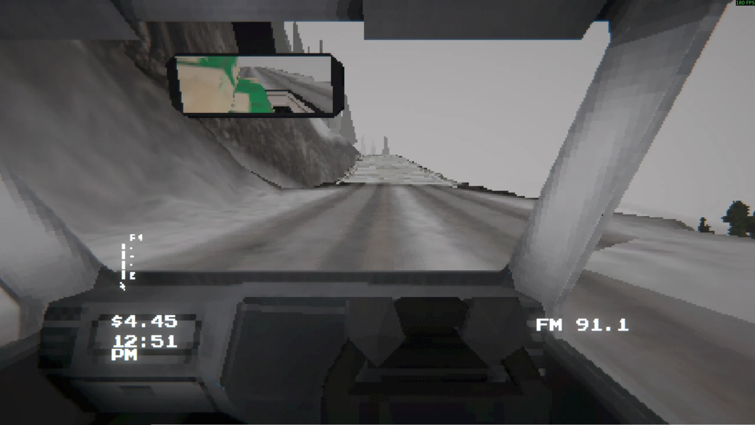 Screenshot of the game. A first-person view of the cabin of one of those small work trucks. It's a right-side drive truck and your character has his two paws on the wheel, though you can't see any arms and the paws are mostly blob shaped. In the rearview you can see two packages stacked on top of each other, and through the windshield is a snowy, dreary landscape with a bridge immediately coming up. The HUD displays your character's energy, money, the current time, and the amount of gas left in the truck's tank. The current radio station also appears.