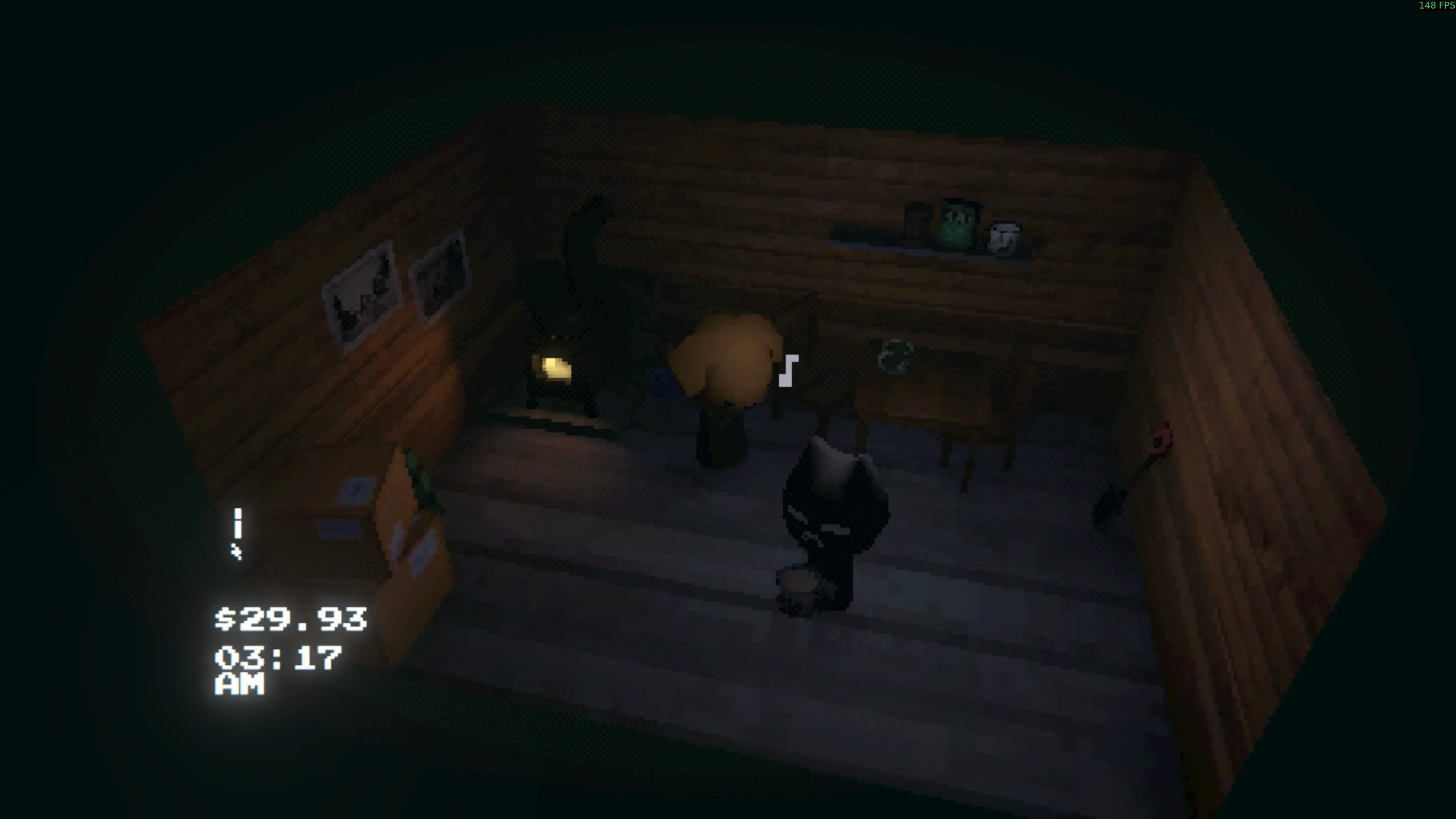 Third-person view inside of a cosy log cabin. Your character is facing the camera and holding a mug of coffee. The dog from earlier is here, still humming. There is a wood-fire stove in the corner that is currently lit.