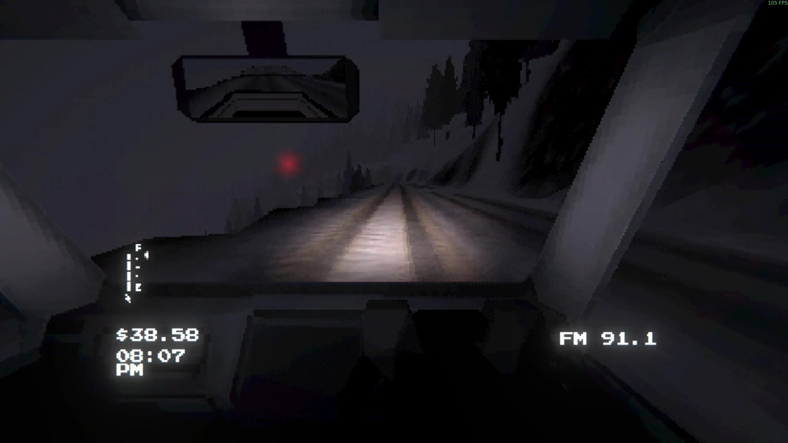 First-person view inside the truck. It's now night outside, so things are darker. To the left side is a steep cliff with no guardrail. The truck's headlights are on. In the distance is a red light.