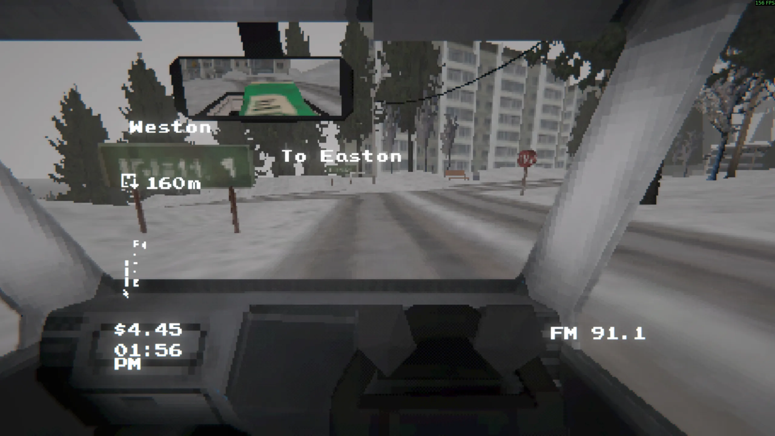 First-person view inside the truck. There's a street sign that's illegible but has some text overlayed above top it that says "Weston". In the distance is another sign that is marked "To Easton" in the same manner. A dropoff indicator on the HUD shows that the delivery point is 160m away.