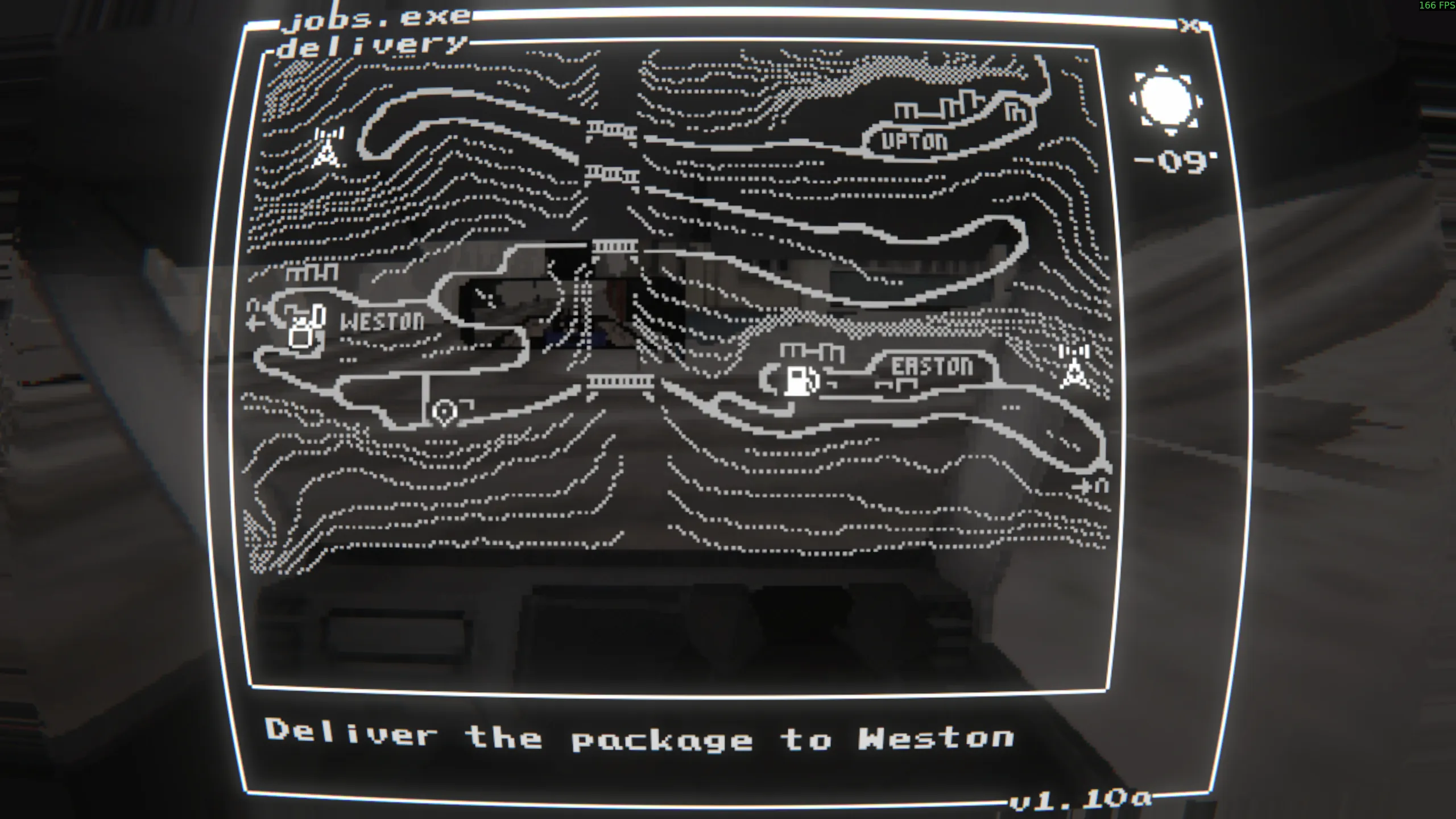 First-person screenshot inside of the truck with a UI overlayed. The UI is titled "jobs.exe" and shows a minimal map of the area. Various points of interest are marked, but your location is not. The bottom of the UI says "Deliver the package to Weston".