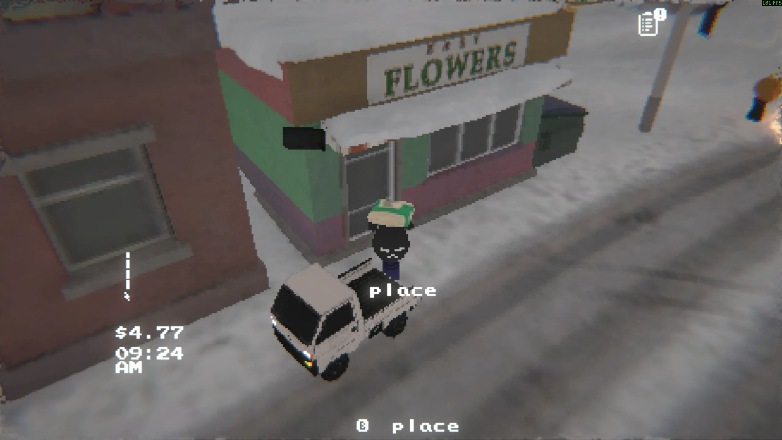 Third-person screenshot where your character is holding a package above his head. He's next to the back of the truck, and the UI is showing the word "place" at the truck bed. In the background is the dog and fire from before.