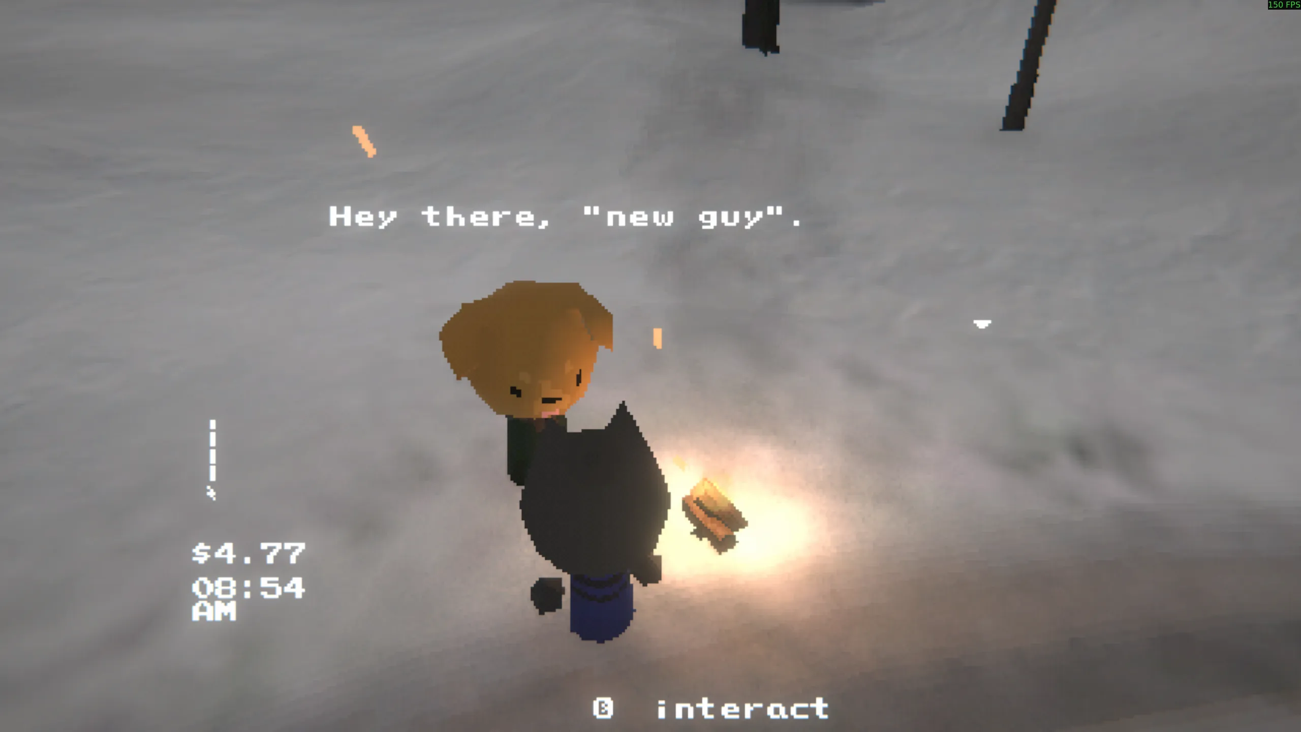 Third-person view screenshot showing your character outside, truck not visible. He's standing next to a log fire and a dog NPC. The NPC is saying "Hey there, 'new guy'."
