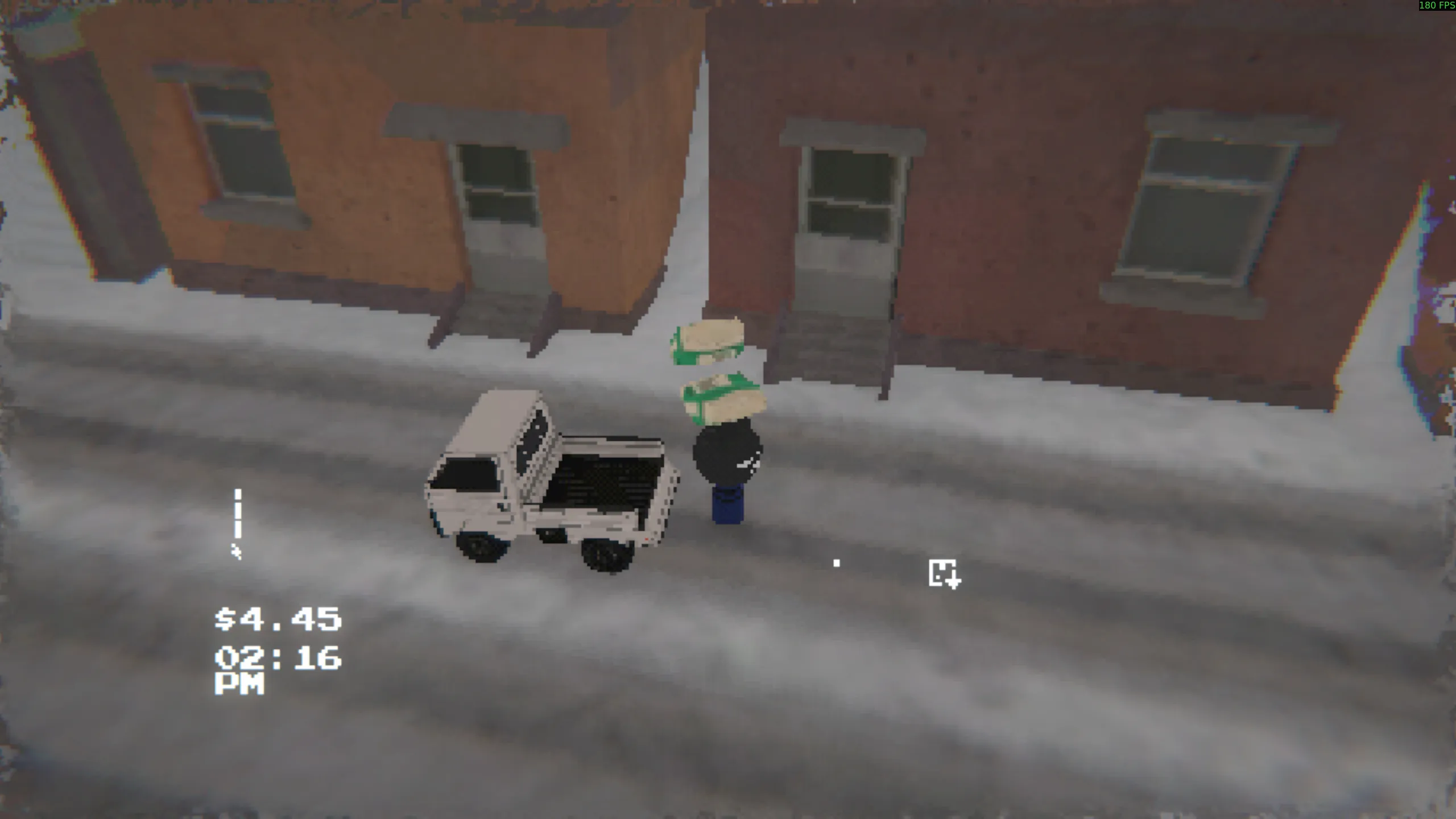 Third-person screenshot outside of the truck. Your character has some packages held over his head. He's facing toward a dropoff marker on the UI.