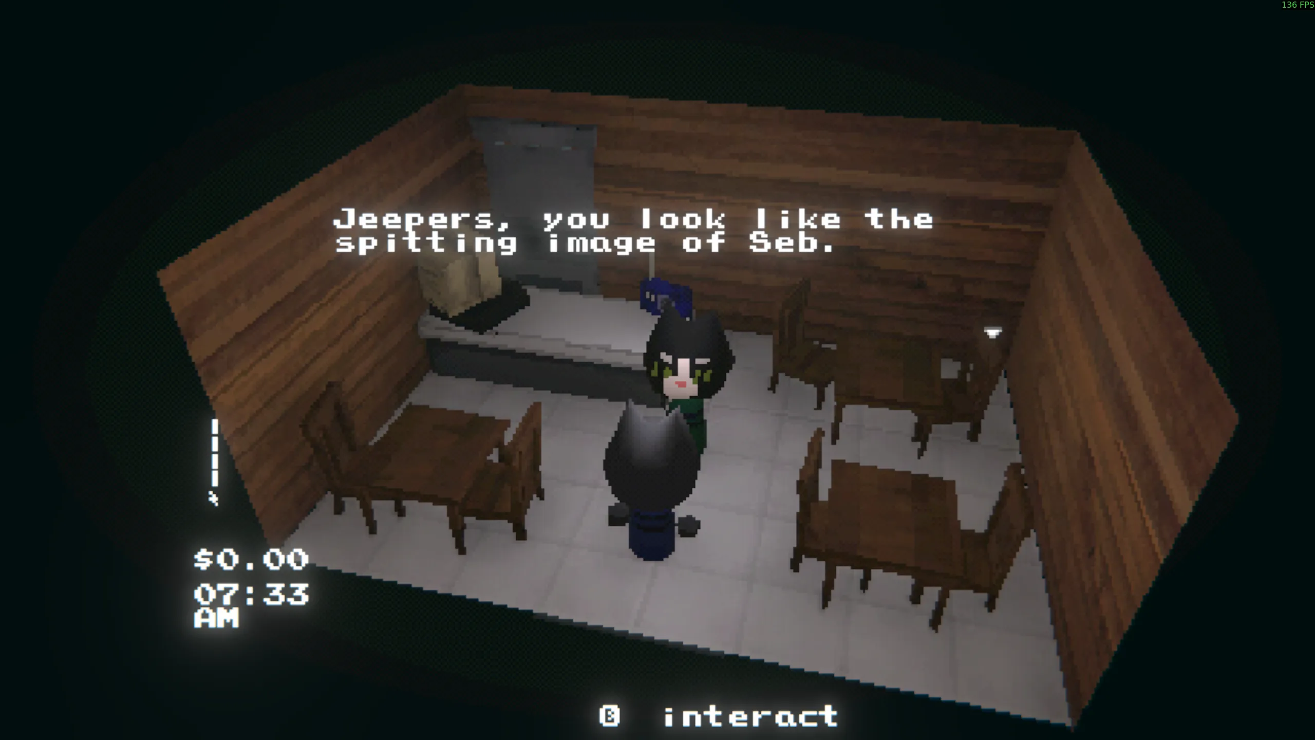 Screenshot of the game showing your character, now in a third-person view, inside of what looks like a cramped dining establishment. There is an NPC saying "Jeepers, you look like the spitting image of Seb."
