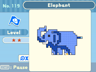 Screenshot of Pullblox showing only the 3DS bottom screen. A minimap of the puzzle shows that it looks looks like an elephant.
