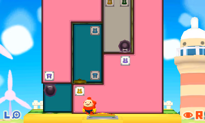 Screenshot of Pullblox showing only the 3DS top screen. The player character is standing on the ground in front of several blocks. Some of the blocks have an icon of a ladder on them, and one block is pulled out so that there is room above and below two ladder icons. Hatches with ladders coming out of them have appeared where the icons are located.