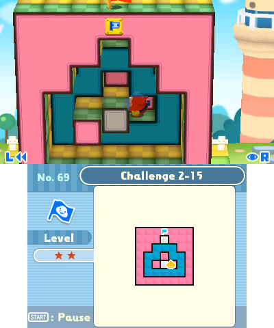 Screenshot of Pullblox showing the 3DS top and bottom screens. The top screen shows a Pullblox puzzle partially solved with the player character standing inside a cubby made by a block that has been pulled out of the wall. The bottom screen shows a minimap of the puzzle with icons for your current position and the goal position. It is marked as a two-star difficulty puzzle.