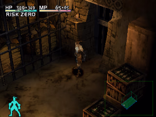 Screenshot of the game. The main character, a man in what can generously be called "light armour" consisting of a white sleeveless shirt, brown shorts, brown boots, and black gauntlets, is standing facing southwest from a sort of isometric camera perspective. He has brown hair with two spikey... fronds sticking out from his head. He stands in a brown/tan wine cellar with wine barrels and boxes containing bottles of wine. There's a limb status indicator in the bottom left of the screen, a minimap in the bottom right, and HP/MP and risk meters in the top left.