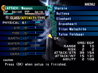 Screenshot showing the "attach gems" menu. A weapon called "Sharpie" is having its gems changed. The three gems attached to the weapon are called "Braveheart", "Titan Malachite", and "Talos Feldspar". The cursor is on a button labeled "OK". The menu has a toggle to switch between showing the weapon's class, affinity, and type. Currently selected is affinity, showing 61 physical affinity and negative single digits for the rest.