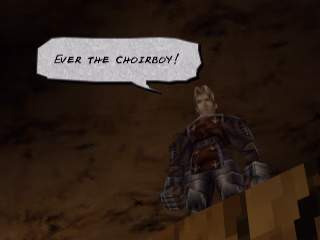A man with blonde hair wearing a suit of armour has a text bubble saying "Ever the choirboy!" The camera is below him and looking up.