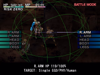 A screenshot of the targeting interface in the game's battle mode. There is a green sphere formed by five vertical and five horizontal circles, and our character is in the centre of the sphere. Two enemies are also in the sphere, and a list of their body parts shows on the left and right sides of the screen in different colours on each side. Both have the body parts "R.ARM", "L.ARM", "HEAD", "BODY", and "LEGS". R.ARM on the right side is selected, causing one of the enemies' arm to glow. The UI shows that the attack will do 119 HP with a 100% hit chance.