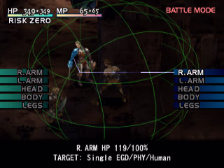 A screenshot of the targeting interface in the game's battle mode. There is a green sphere formed by five vertical and five horizontal circles, and our character is in the centre of the sphere. Two enemies are also in the sphere, and a list of their body parts shows on the left and right sides of the screen in different colours on each side. Both have the body parts "R.ARM", "L.ARM", "HEAD", "BODY", and "LEGS". R.ARM on the right side is selected, causing one of the enemies' arm to glow. The UI shows that the attack will do 119 HP with a 100% hit chance.