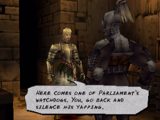 A blonde man in armour with black and red trim talks to another armoured man who is facing away from the camera and towards the blonde man. The blonde man has a text bubble that says "Here comes on of Parliament's watchdogs. You, go back and silence his yapping."