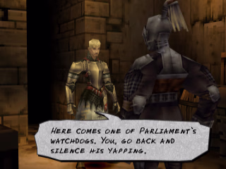 A blonde man in armour with black and red trim talks to another armoured man who is facing away from the camera and towards the blonde man. The blonde man has a text bubble that says "Here comes on of Parliament's watchdogs. You, go back and silence his yapping."
