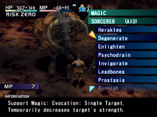 A battle mode screenshot showing a list of magic spells and a cost indicator. Currently selected is "Degenerate", but also visible are "Herakles", "Enlighten", "Psychodrain", "Invigorate", "Leadbones", "Prostasia", and "Tarnish". In the background, Ashley can be seen standing in front of a minotaur with a long, two-handed mace. The UI explains that "Degenerate" "Temporarily decreases target's strength."