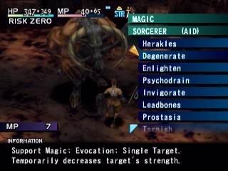 A battle mode screenshot showing a list of magic spells and a cost indicator. Currently selected is "Degenerate", but also visible are "Herakles", "Enlighten", "Psychodrain", "Invigorate", "Leadbones", "Prostasia", and "Tarnish". In the background, Ashley can be seen standing in front of a minotaur with a long, two-handed mace. The UI explains that "Degenerate" "Temporarily decreases target's strength."