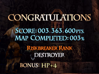 Ashley is in the background behind a screen that reads "CONGRATULATIONS".Below that it says "Score: 003,363,600pts." and "Map Completed: 003%". Below those is displayed "Riskbreaker Rank: Destroyer", and below that is "BONUS: HP+4".