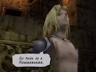 Ashley, a man with long, blonde hair, metal arms, and no shirt, is looking up. There is a text bubble showing him saying "So this is a Riskbreaker."