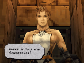A close-up of Ashley in a doorway. There is a text bubble showing that the speaker is off-screen and saying "Where is your soul, Riskbreaker?"