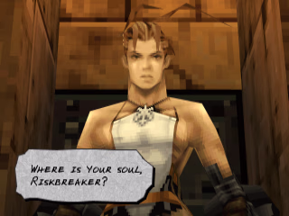 A close-up of Ashley in a doorway. There is a text bubble showing that the speaker is off-screen and saying "Where is your soul, Riskbreaker?"