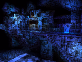 A screenshot of Leá Monde's undercity. This area is shockingly blue, and this first-person view shows the camera on a platform looking out over a river. On the other side of the river is another platform, making it seem like the platforms were once connected. On the far platform are some wooden boxes and a lamppost giving off blue light. There is a staircase leading down on the far side, but the landing is not visible.