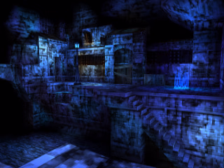 A screenshot of Leá Monde's undercity. This area is shockingly blue, and this first-person view shows the camera on a platform looking out over a river. On the other side of the river is another platform, making it seem like the platforms were once connected. On the far platform are some wooden boxes and a lamppost giving off blue light. There is a staircase leading down on the far side, but the landing is not visible.