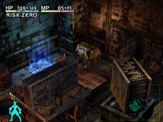 Ashley standing in a metalworking shop. There is a drawer on a workbench, a chest, several tools lying around, some barrels, and various boxes of wine. A glowing circle on the ground represents a save point.