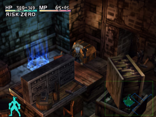 Ashley standing in a metalworking shop. There is a drawer on a workbench, a chest, several tools lying around, some barrels, and various boxes of wine. A glowing circle on the ground represents a save point.